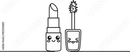 Lipstick and lip gloss isolated. Vector graphic line illustration. Black and white kawaii icon. For poster, party invitation, backdrop. one line Icon drawing