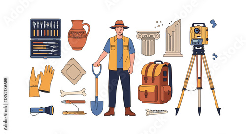 Collection of archaeology equipment and artifacts surrounding a male archaeologist, including a shovel, brushes, and ancient pottery.
