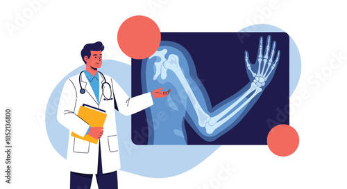 Male doctor in a white coat with a stethoscope pointing to an x-ray image of a human arm and hand, explaining a diagnosis to a patient.