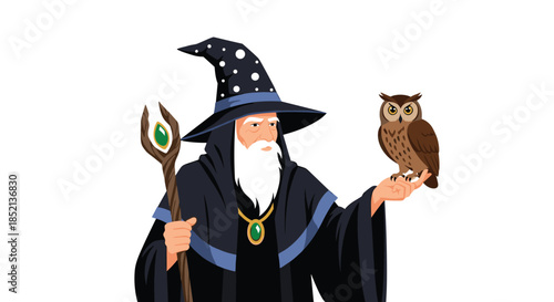 Classic wizard character with a long white beard, pointed hat, and robes, holding a magic staff in one hand and an owl on the other.