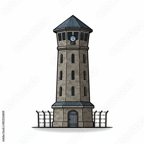 cartoon stone watchtower with barbed wire fence clip art preview