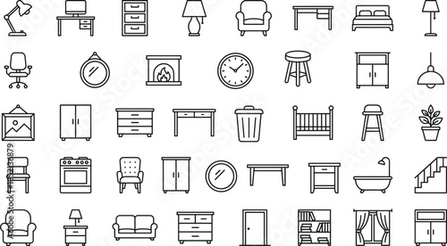 Home furniture outline icon set with sofa bed table chair lamp interior household symbols isolated vector illustration design elements collection