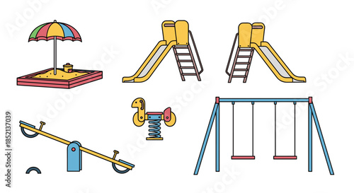 Colorful collection of children's playground equipment, including a slide, swings, a seesaw, a sandbox, and a spring rider.