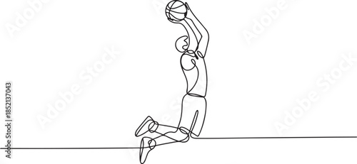 Continuous Line Drawing Style Man Playing Basketball Jump Shot Motion. Sport Minimal Vector. one line Icon drawing