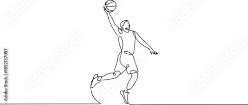 Continuous Line Drawing Style Man Playing Basketball Jump Shot Motion. Sport Minimal Vector. one line Icon drawing