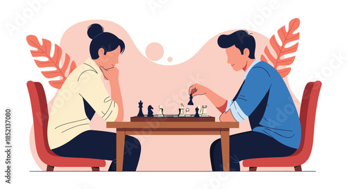 Man and a woman sitting opposite each other at a table, deeply focused on a strategic game of chess, with decorative plants behind.