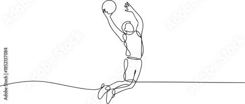 Continuous Line Drawing Style Man Playing Basketball Jump Shot Motion. Sport Minimal Vector. one line Icon drawing