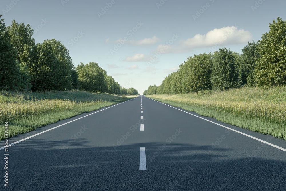 Fototapeta premium Expansive empty road lined with trees under a clear blue sky in early afternoon