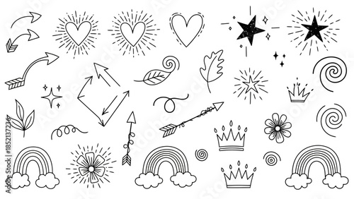 Hand Drawn Doodle Vector Elements Set with Crowns, Hearts, Stars, and Arrows