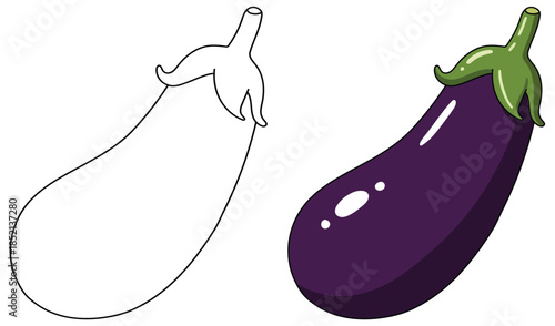 Eggplant cartoon illustration with whole purple vegetable and glossy surface in a bold outlined style for food graphics and educational materials