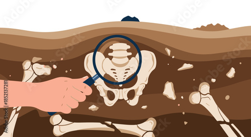 Hand holding a magnifying glass to examine pelvic bones of a human skeleton buried in layers of soil at an archaeological dig site.