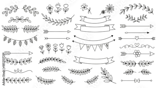 Hand Drawn Floral and Decorative Vector Elements Set