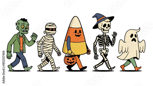 Retro Cartoon Halloween Characters Vector Illustration