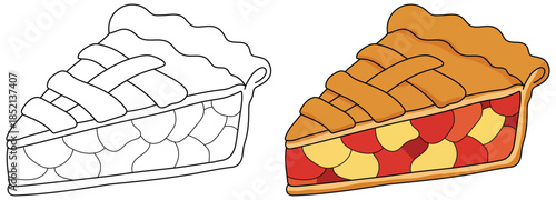 Pie illustration featuring a lattice crust slice filled with colorful fruit pieces in a bright clean cartoon vector style for bakery themed design projects