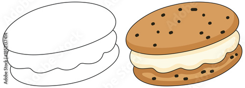 Cookie ice cream sandwich cartoon illustration featuring two chocolate chip wafers separated by a thick layer of creamy vanilla frozen dessert filling