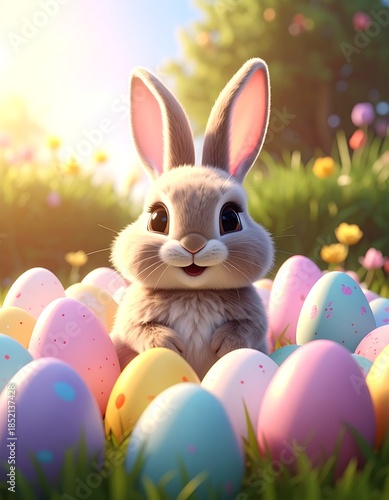 Cute Easter Bunny Amidst Colorful Eggs in a Sunny Spring Garden