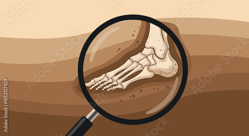 Close-up view through a magnifying glass revealing the detailed bone structure of a fossilized human foot buried in layers of earth.