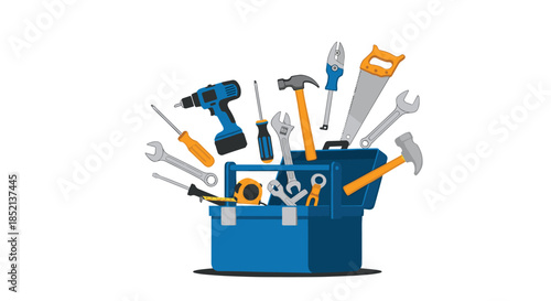 Blue toolbox overflowing with a variety of hand and power tools, including a hammer, wrench, screwdriver, drill, and saw for DIY.