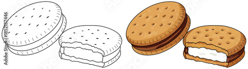 Cookie cream sandwich vector illustration showing a whole cookie and a bitten piece with smooth rounded outlines and simple shading in a clean cartoon food style suitable for digital markets