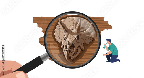 Magnifying glass zooms in on a triceratops dinosaur skull fossil, with a paleontologist carefully cleaning the discovery in the background.