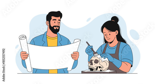Two archaeologists, a man holding a map and a woman carefully brushing a human skull, collaborate on a historical discovery.