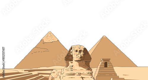 Stylized illustration of the iconic Great Sphinx with the Pyramids of Giza in the background, set in the Egyptian desert landscape.