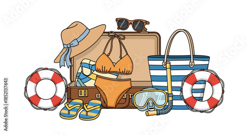 Open suitcase filled with summer beach essentials, including a bikini, hat, sunglasses, flip-flops, and a snorkeling mask.