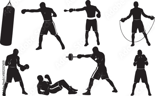 Boxing training workout silhouettes set