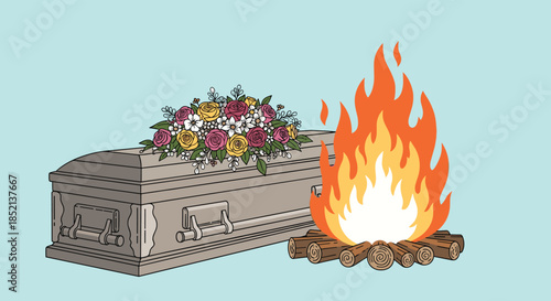 Symbolic illustration of a funeral ceremony with a coffin adorned with flowers next to a large pyre of burning logs for cremation.