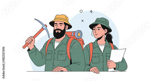 Man and woman archaeologist team on an expedition, equipped with backpacks, hats, a pickaxe, and a map, ready for discovery.