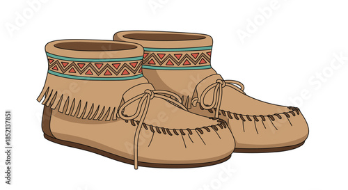 Pair of traditional Native American style moccasins made of brown suede with fringe and a colorful beaded geometric pattern.