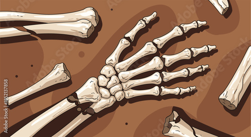 Archaeological view of disarticulated human hand and arm bones scattered in the soil, representing a fossil discovery or forensic site.