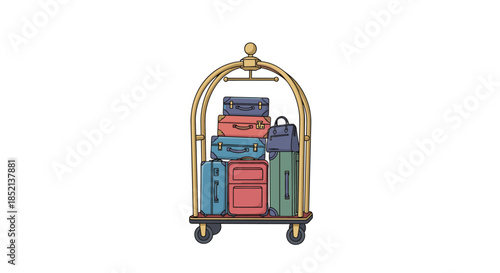 Golden hotel luggage cart, or bellboy trolley, stacked high with a variety of colorful vintage suitcases and bags for travel.