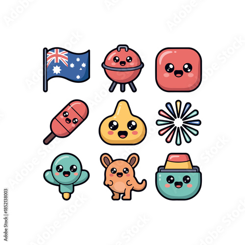 Kawaii Australia Day Flag, BBQ Grill, Boomerang & Kangaroo Cuties  kawaii cute rounded icon set