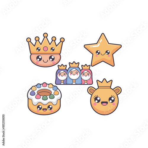 Cute Epiphany Icons King Figurines, Camel & Pastel Smiles  kawaii cute rounded icon set