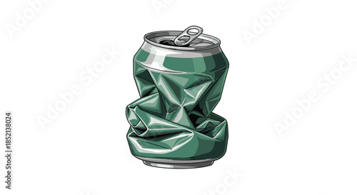 Realistic illustration of a crumpled green aluminum soda or beer can, ready for recycling, representing waste and environmental concepts.
