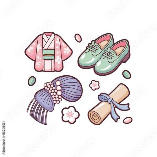 Adorable Seining Set  Rounded Kimono, Confetti & Bright Pastels  kawaii cute rounded icon set