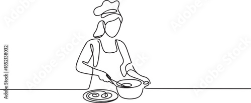 female continuous line cooking. female chef cooking line art. line drawing busy housewife cooking daily activities. one line Icon drawing