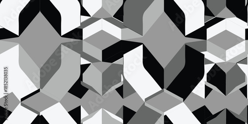 Premium black and white seamless pattern with 3D depth. Ideal for luxury packaging, tech backgrounds, textile prints, and high end corporate branding.