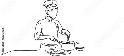 female continuous line cooking. female chef cooking line art. line drawing busy housewife cooking daily activities. one line Icon drawing