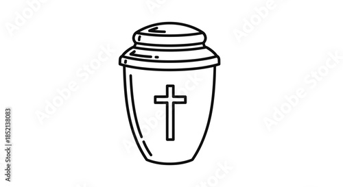 Black and white outline drawing of a funeral cremation urn for holding ashes, decorated with a simple Christian cross symbol.