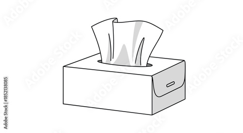 Simple black and white line drawing of a rectangular box of disposable paper tissues with one sheet pulled out and ready for use.