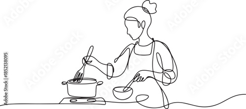 female continuous line cooking. female chef cooking line art. line drawing busy housewife cooking daily activities. one line Icon drawing