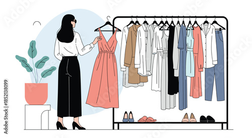 Stylish woman in a modern outfit choosing a pink dress from a clothing rack full of fashionable garments in a boutique or closet.