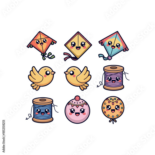 Adorable Sankranti Set  Rounded Kites, Sweet Treats & Pastel Faces  kawaii cute rounded icon set