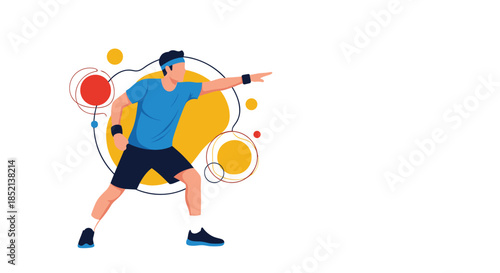 Man in sportswear doing a stretching exercise as part of his fitness routine, with abstract colorful circles in the background.