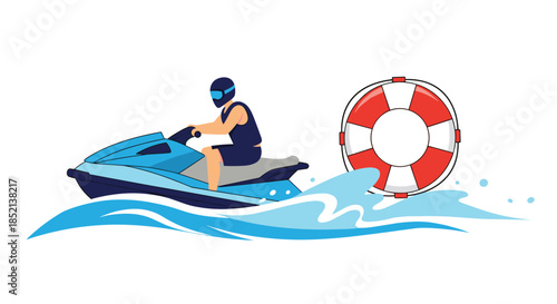 A man wearing essential safety gear like a life vest and helmet skillfully maneuvers a blue jet ski across the water, kicking up waves next to a floating lifebuoy.