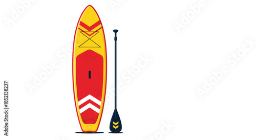 A vibrant yellow and red stand-up paddleboard with its matching dark paddle stands ready for a water adventure, isolated on a clean white background.