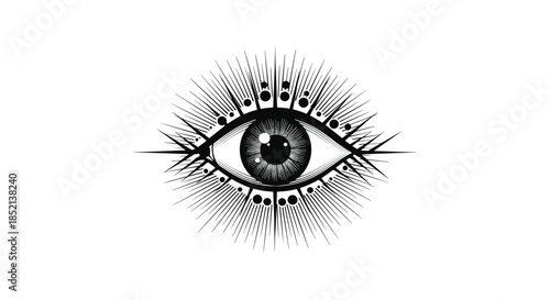 An intricate black and white esoteric symbol of an all-seeing eye radiating light, representing divine providence, spirituality, and omniscience in a vintage style.