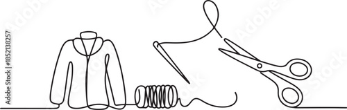 continuous line of needle, thread and scissors.one line drawing of clothing sewing equipment. single line vector illustration of boutique and clothing convection. one line Icon drawing